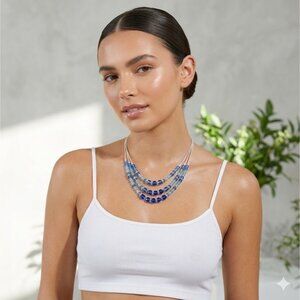 Modern 3-Strand Blue Beaded Necklace Silver Snake Chain 18" Layered Statement